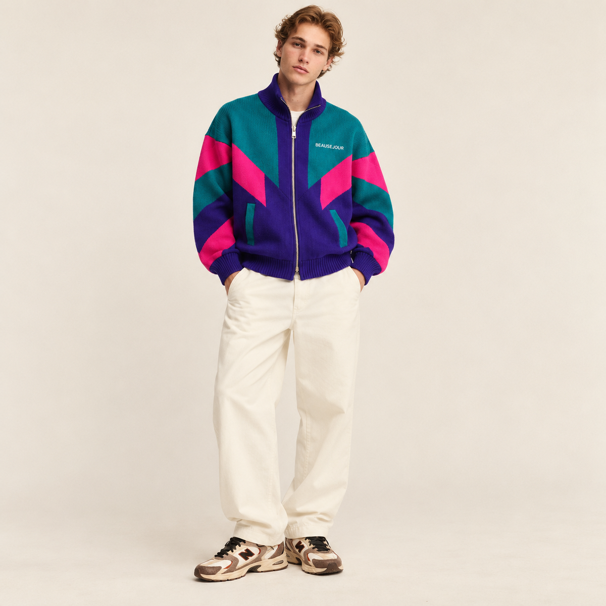Pull mohair zippé Beauséjour homme, color-block turquoise, violet et rose