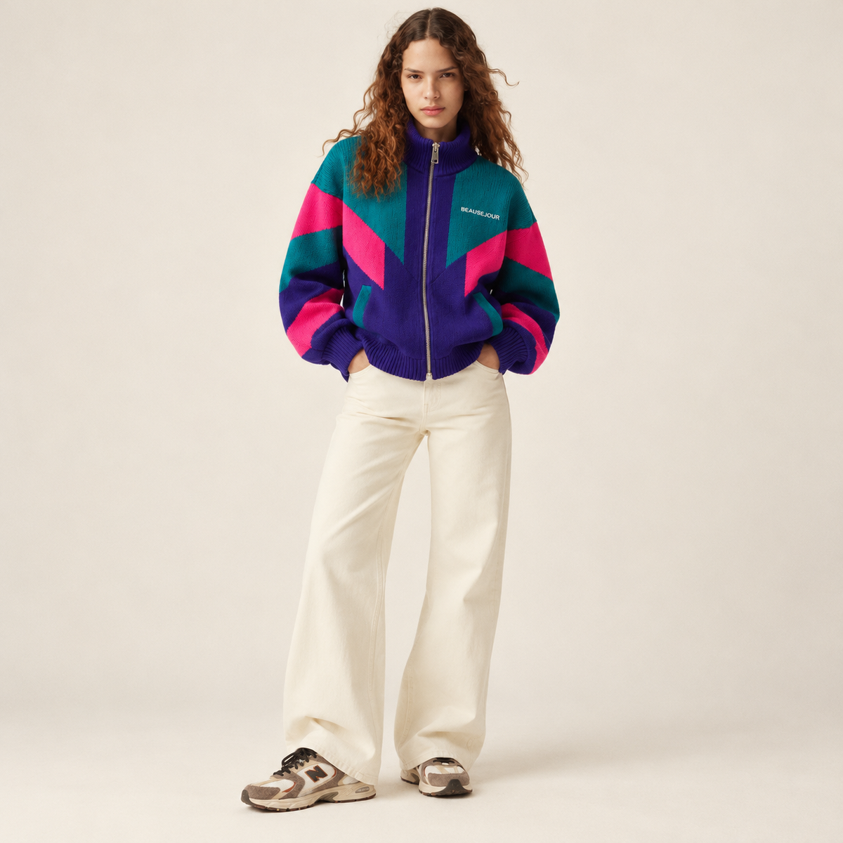 Pull mohair zippé Beauséjour femme, color-block turquoise, violet et rose