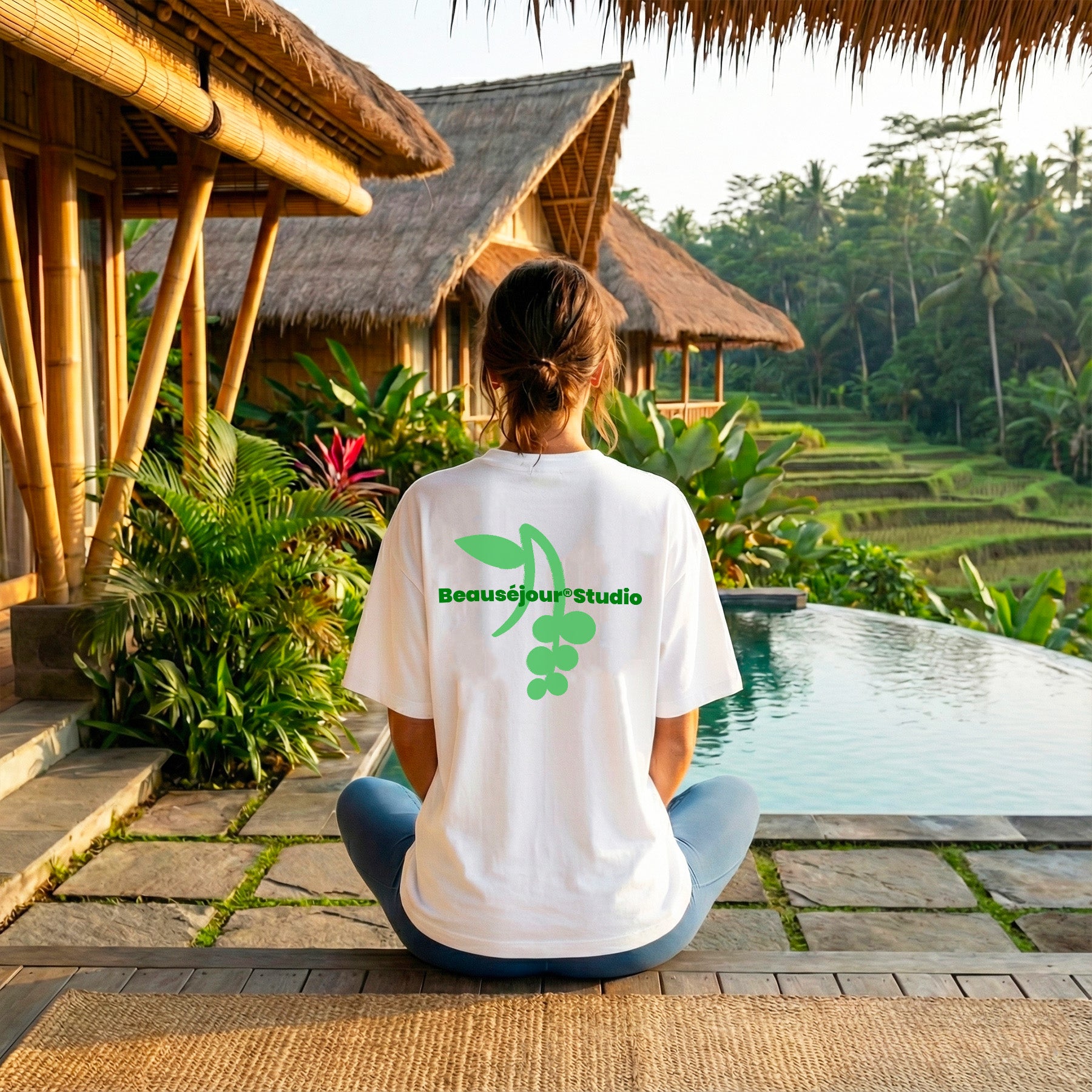 Femme dans un hotel a bali. Elle porte Tshirt blanc de yoga pour femme. Eucalyptus imprimé au dos du tshirt avec beauséjour studio. TShirt yoga - Tshirt pour femme - Tshirt femme - TShirt lifestyle - outfit femme -