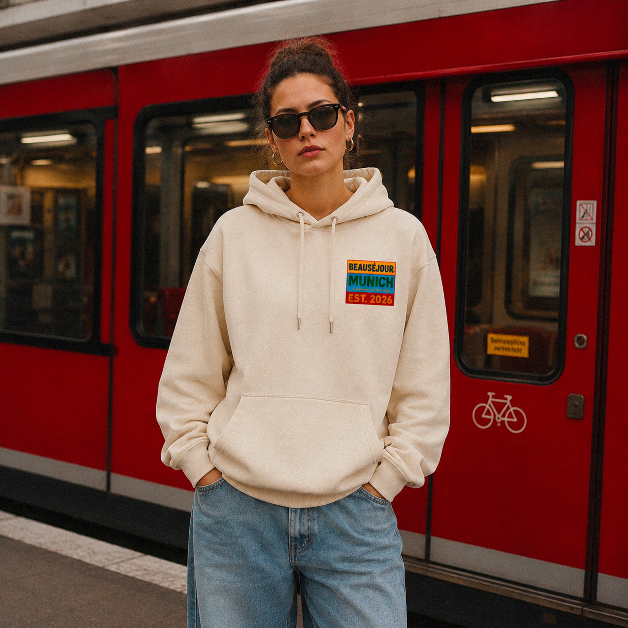 Hoodie Gateway to the Alps Beauséjour® coloris crème femme, look complet, impression graphique Gateway to the Alps.