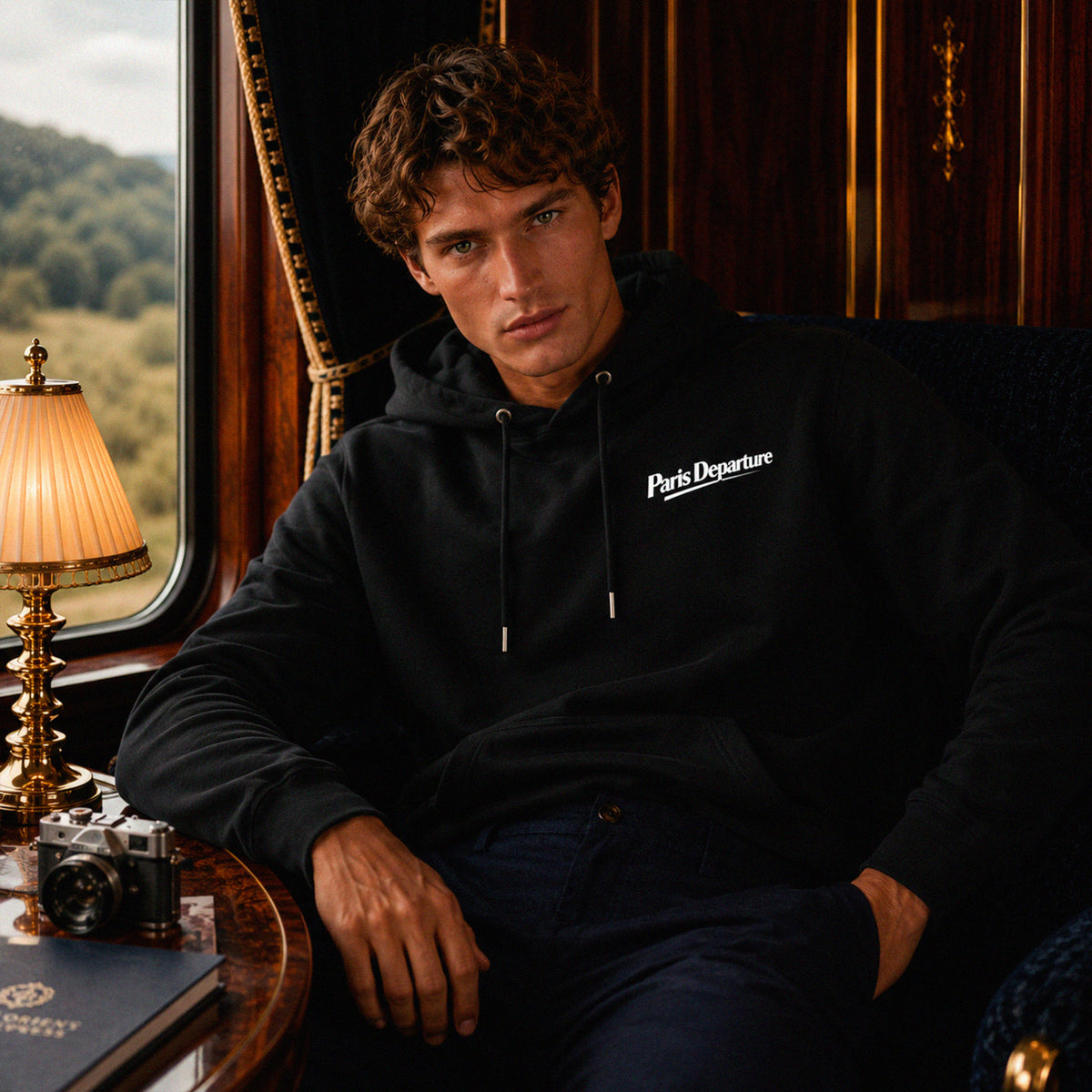 Hoodie Paris Departure Beauséjour Orient Express, coloris noir profond, 100% coton biologique molleton brossé, imprimé Paris Departure côté cœur et marquage dos inspiré des compagnies de voyage anciennes, look complet.