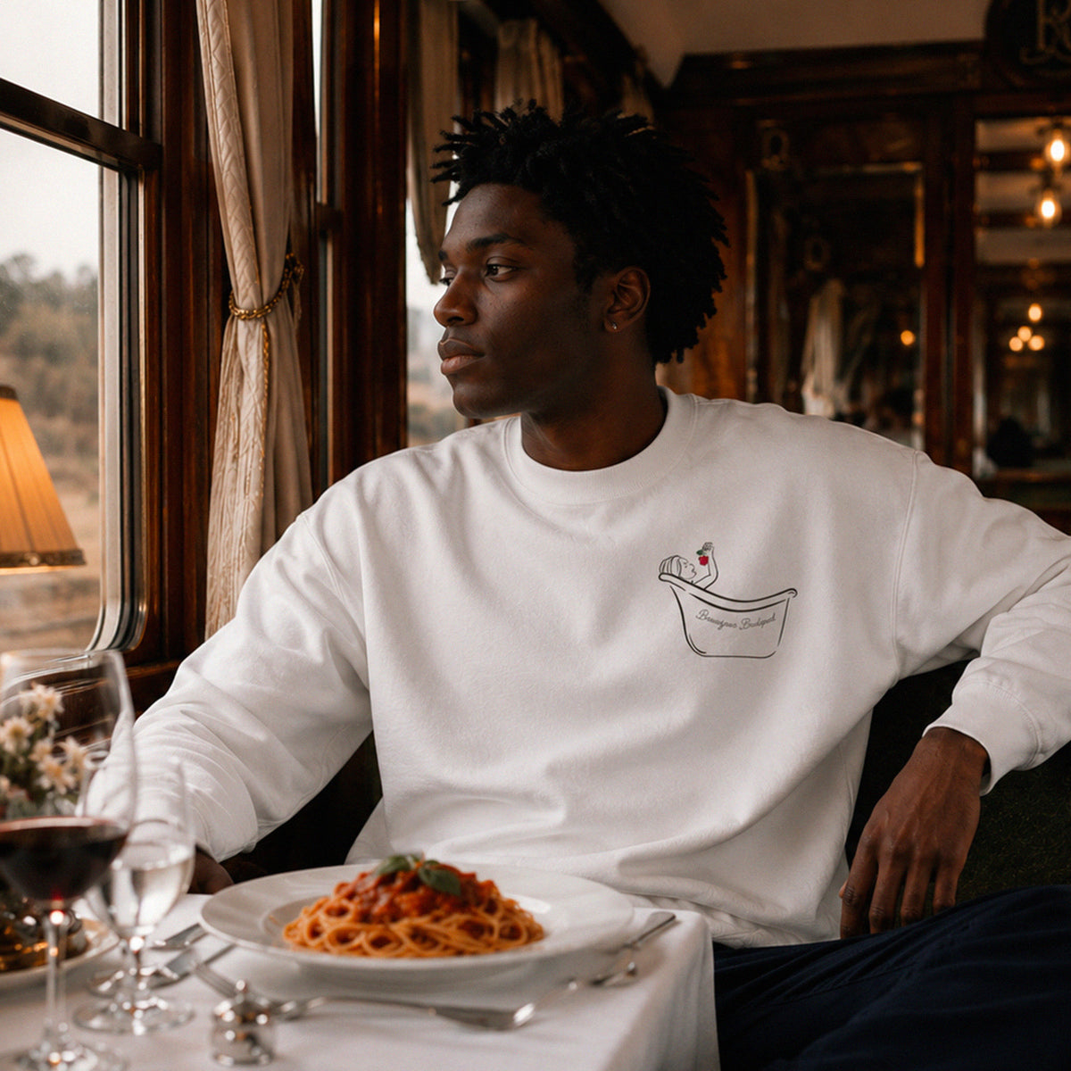 Sweatshirt Baignoire Budapest Beauséjour Orient Express, coloris blanc, molleton brossé épais 350 g/m², illustration exclusive baignoire ancienne inspirée des bains thermaux hongrois, détail de l'illustration.