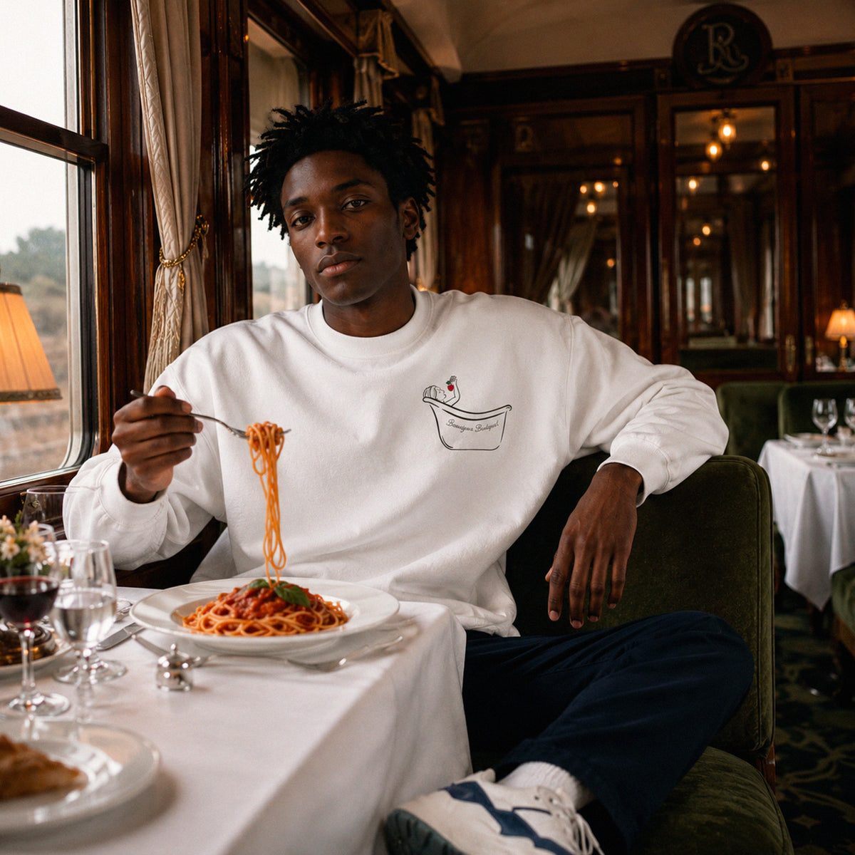 Sweatshirt Baignoire Budapest Beauséjour Orient Express, coloris blanc, molleton brossé épais 350 g/m², illustration exclusive baignoire ancienne inspirée des bains thermaux hongrois, vue de dos.