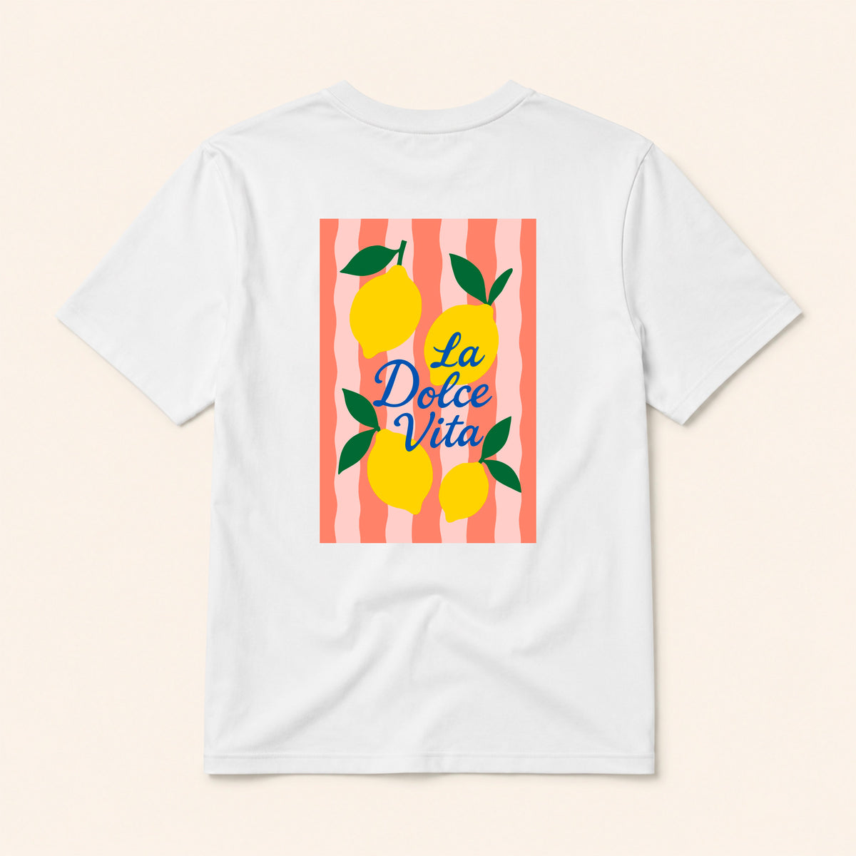 Packshot du t-shirt blanc Dolce Vita citron Beauséjour vu de dos, coton biologique 180g, bande de propreté intérieure au col.