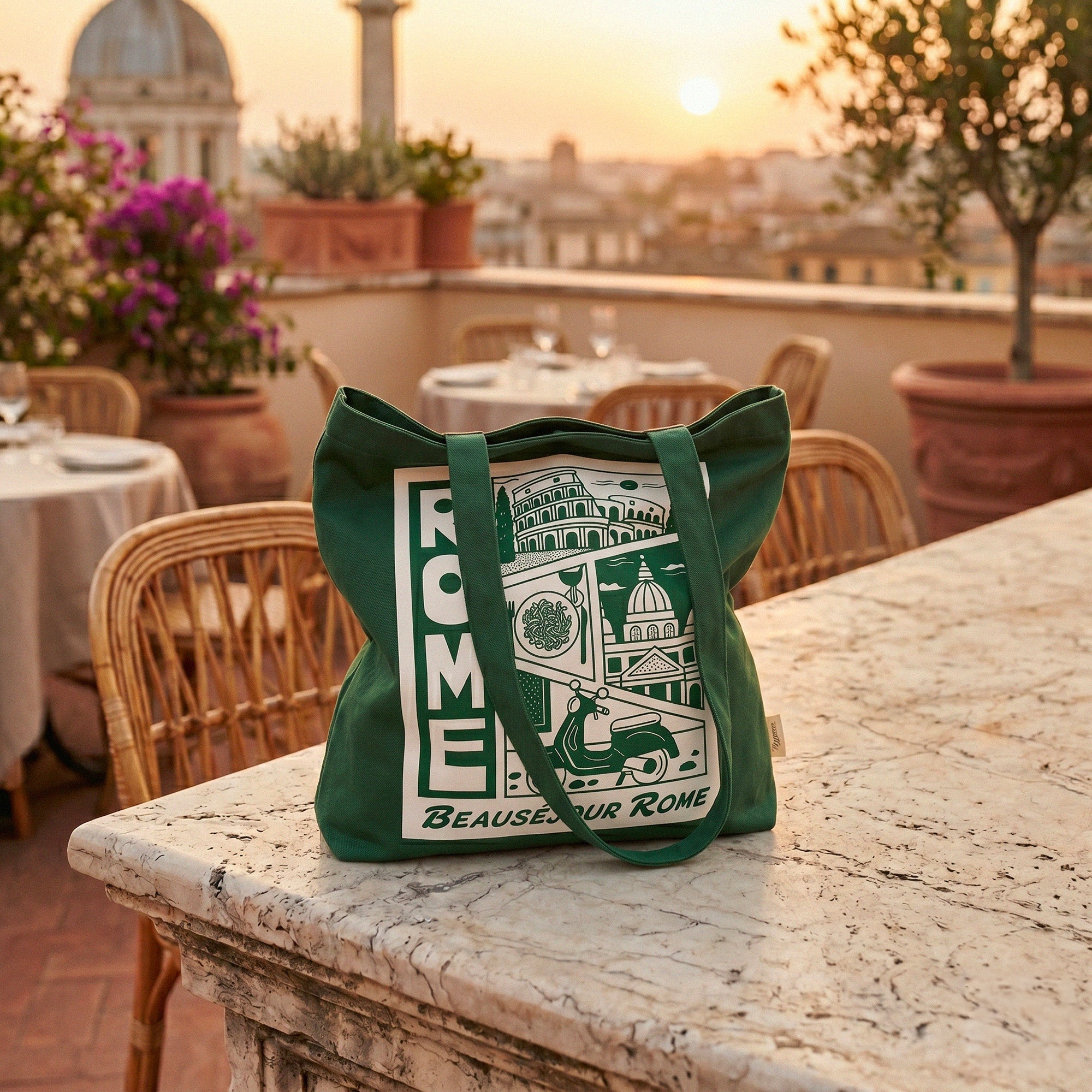 tote bag beausejour rome illustration verte colisee scooter italie