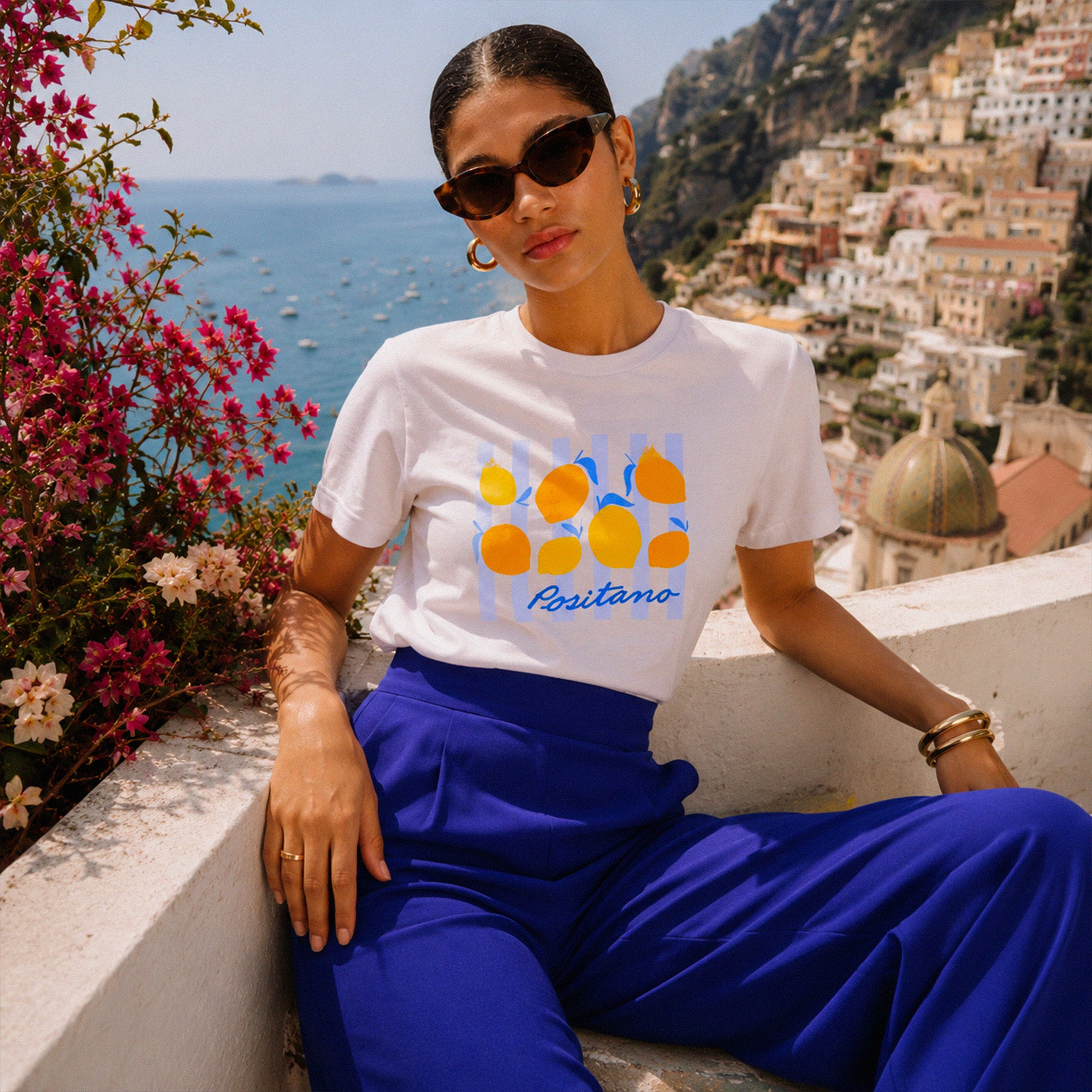 Tshirt blanc femme avec illustration citrons Positano