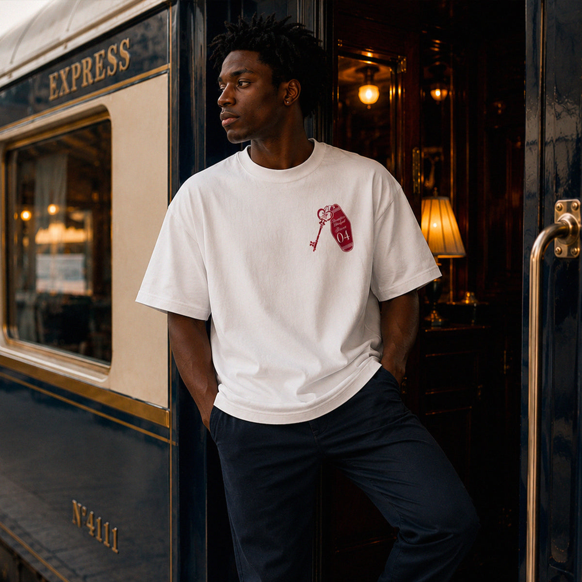 T-shirt boxy Budapest Room 04 Beauséjour Orient Express, coloris blanc, jersey coton épais 200 g/m², illustration exclusive clé d'hôtel vintage Budapest Room 04, détail de l'illustration.
