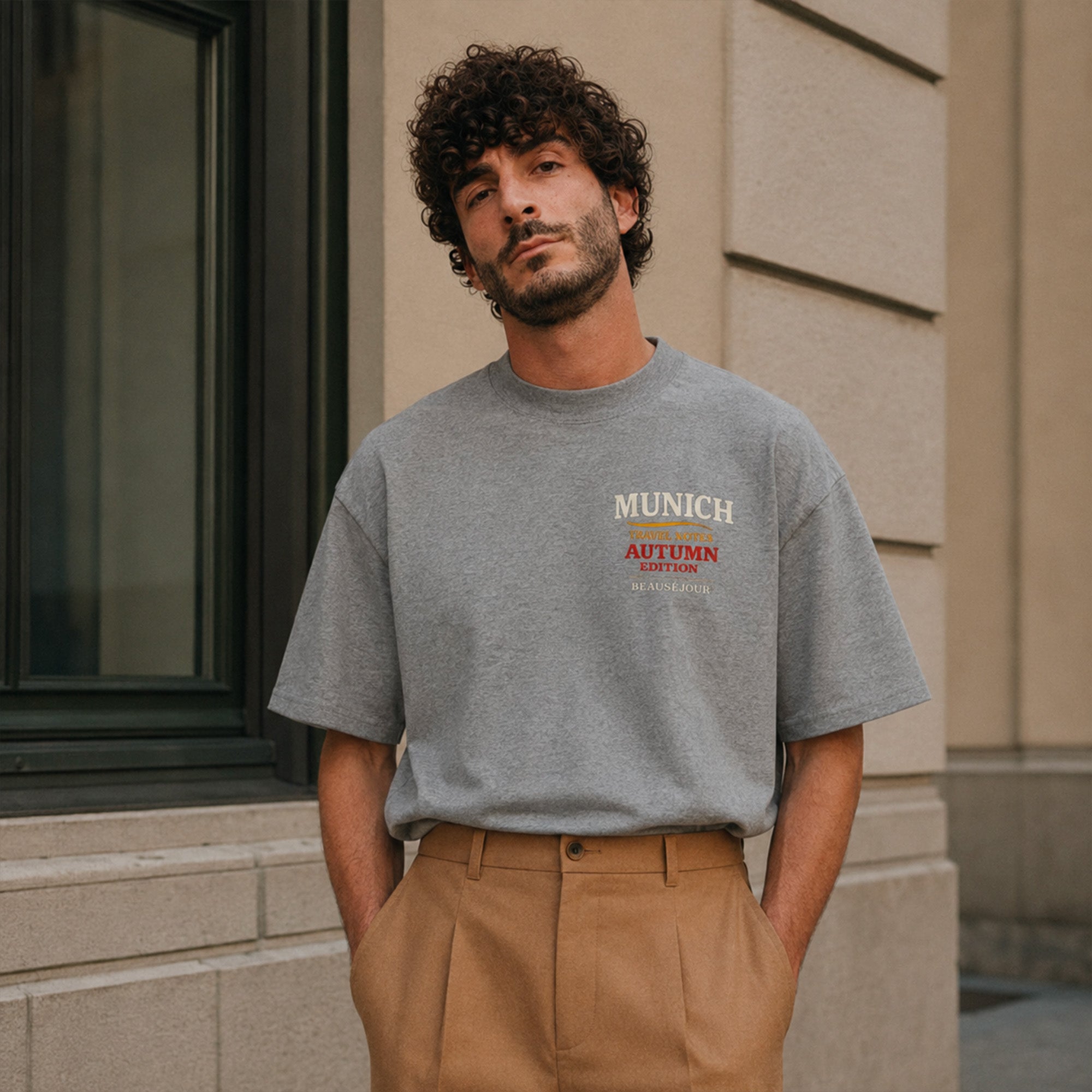 T-Shirt Boxy Travel Notes Munich Beauséjour® coloris gris homme, coupe boxy oversize, épaules tombantes, vue de face.