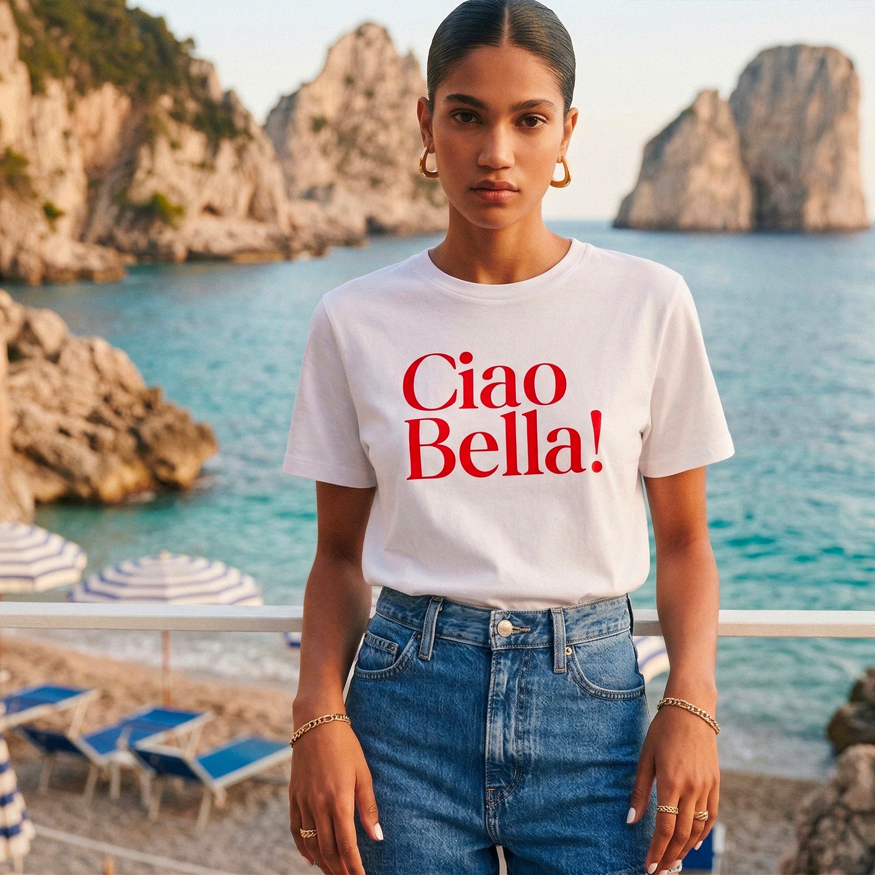 Tshirt blanc graphique femme au style mediterraneen