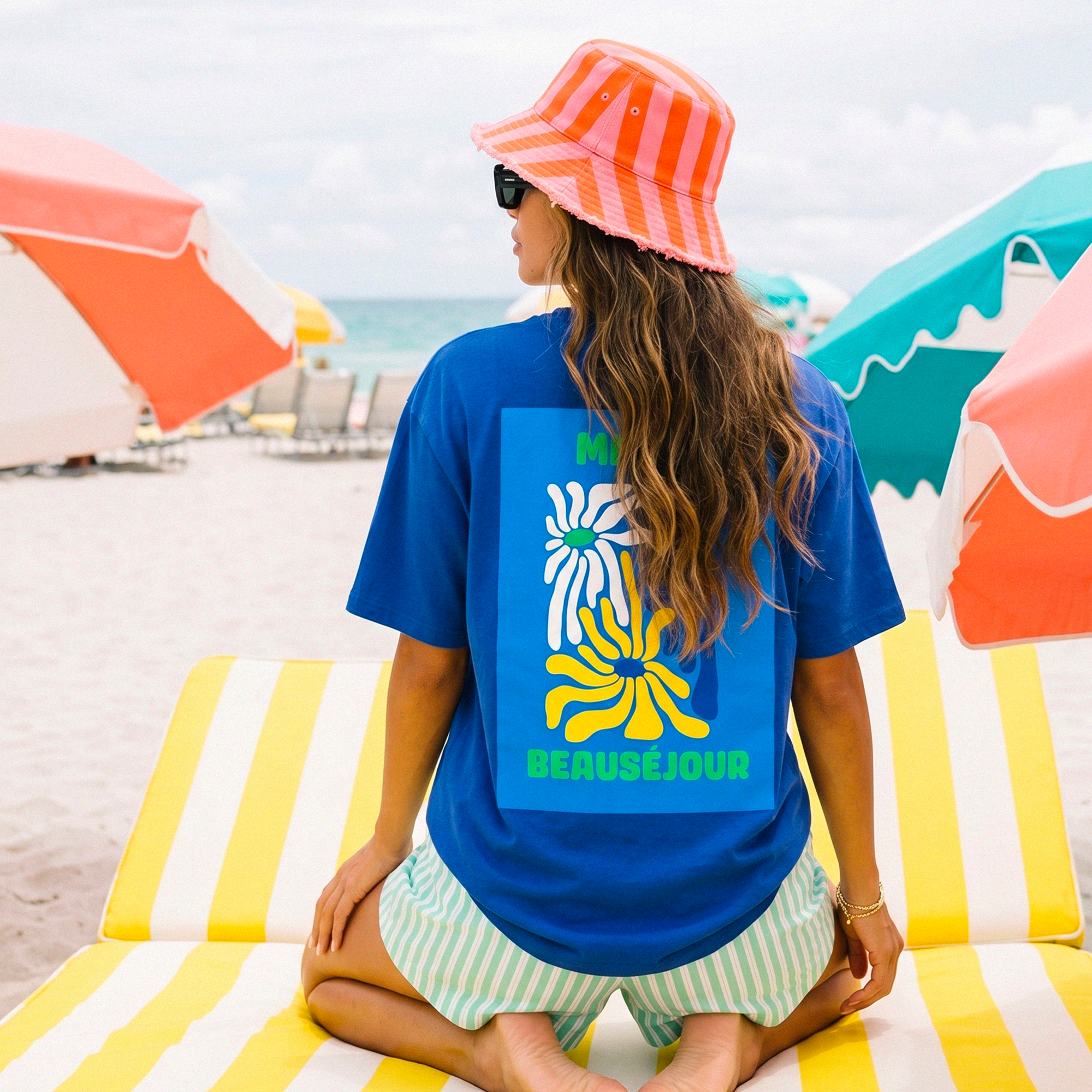 tshirt bleu miami beausejour illustration fleurs colorees dos