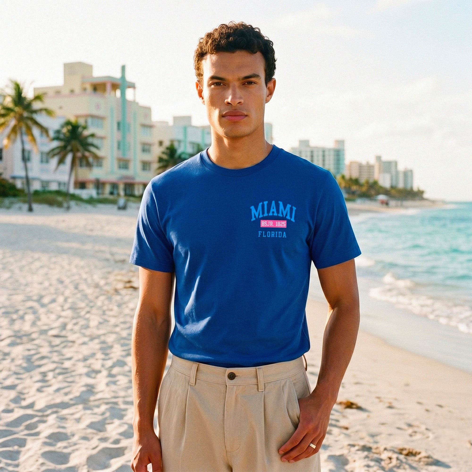tshirt miami bleu coton biologique logo florida poitrine