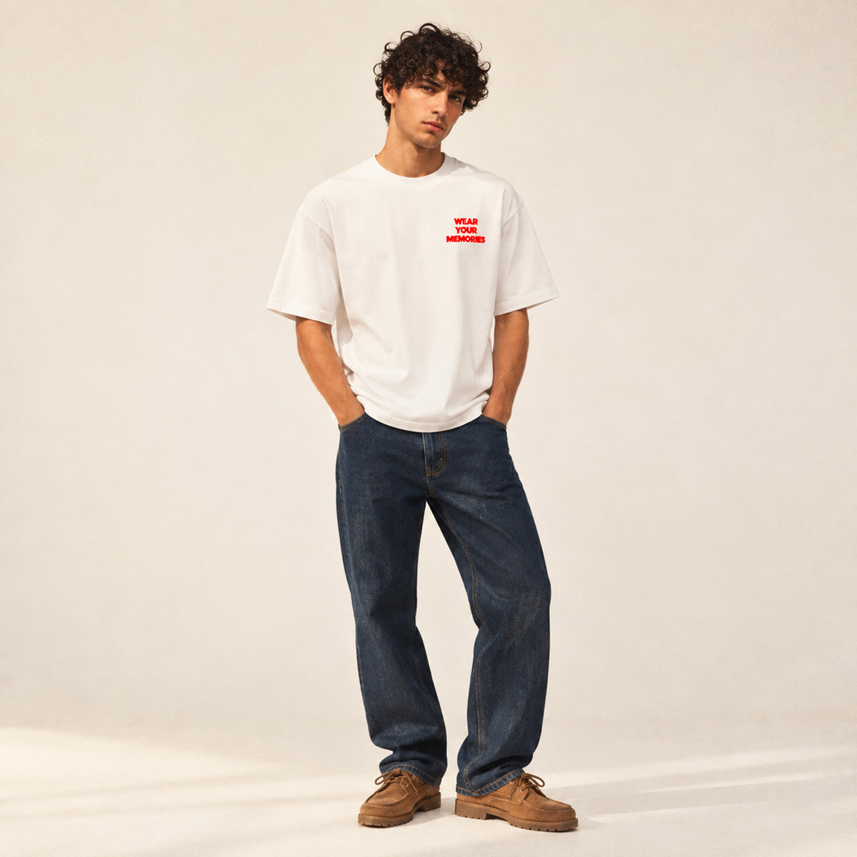 T-shirt boxy Record Beauséjour blanc porté par un homme, vue 2.