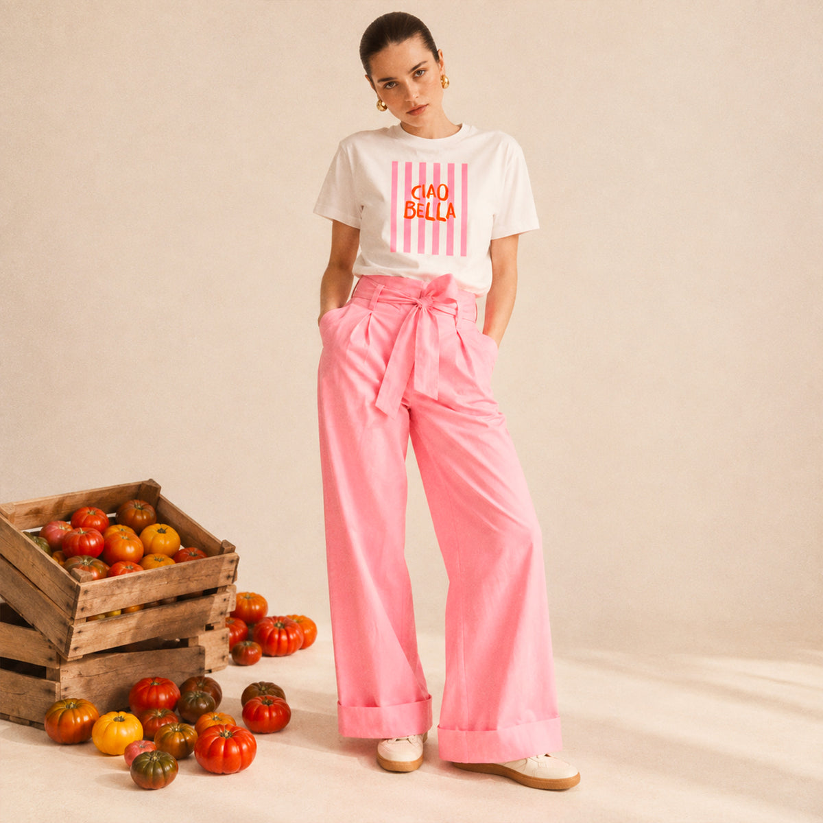 T-shirt blanc Ciao Bella Beauséjour en coton biologique 180g, imprimé Ciao Bella, collection Dolce Vita inspirée de la côte amalfitaine.