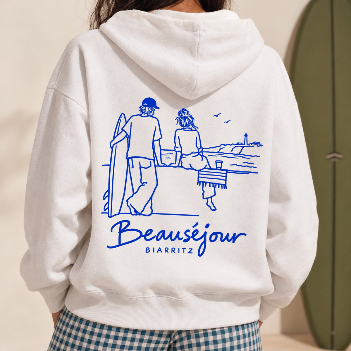 Hoodie Biarritz after surf blanc, illustration surf brodée, coton bio