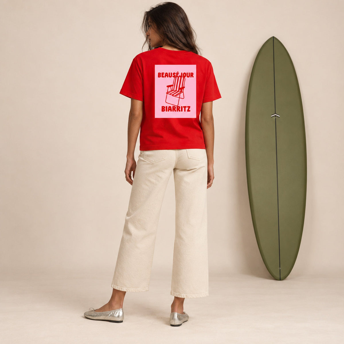 T-shirt rouge femme Beauséjour Biarritz, illustration chaise longue, coton bio