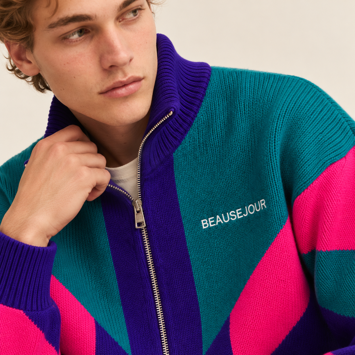 Pull mohair homme Beauséjour, maille épaisse color-block