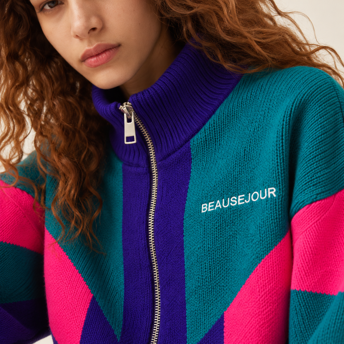 Pull mohair femme Beauséjour, maille épaisse color-block