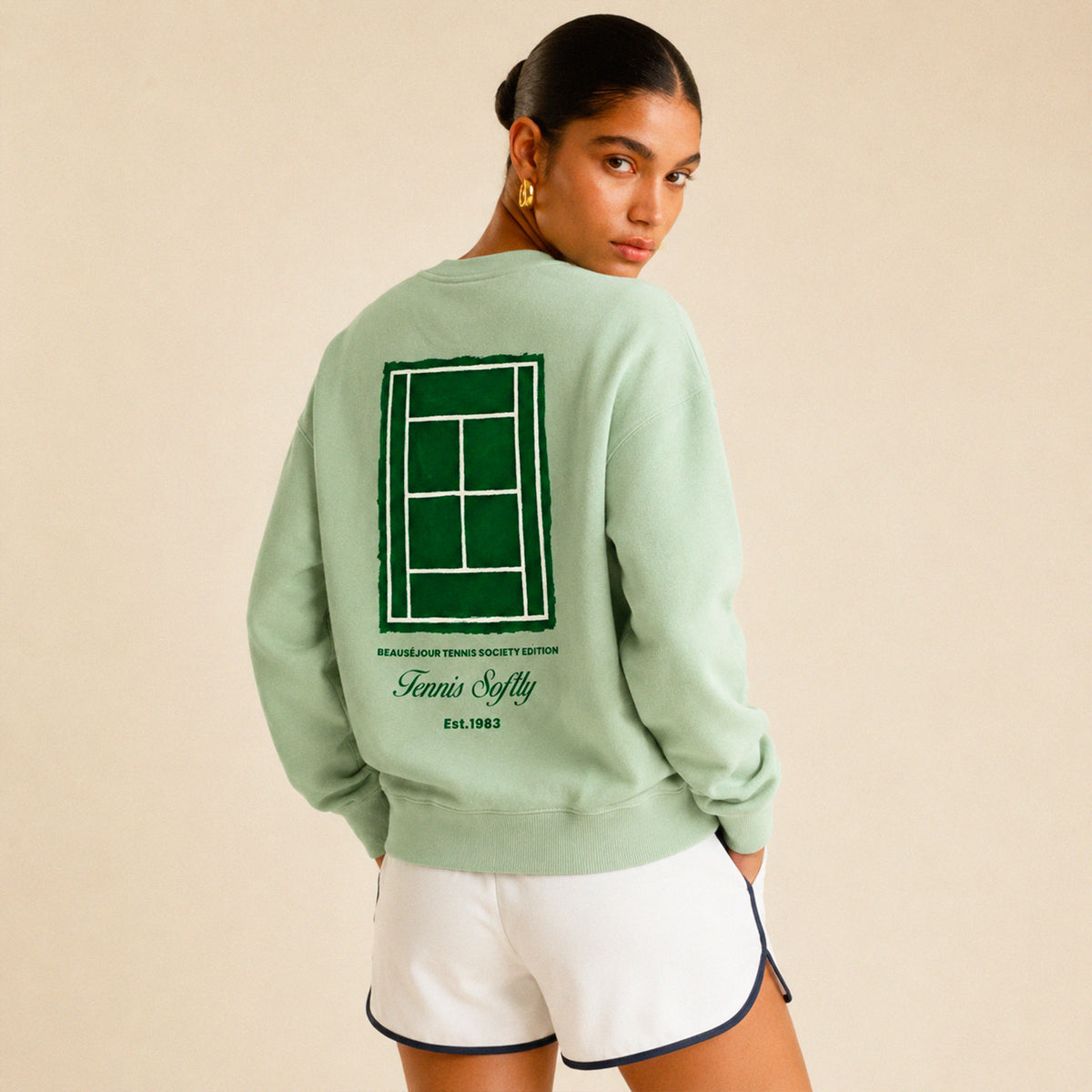 Sweatshirt Tennis Femme Beauséjour menthe, porté par une femme, vue 2.