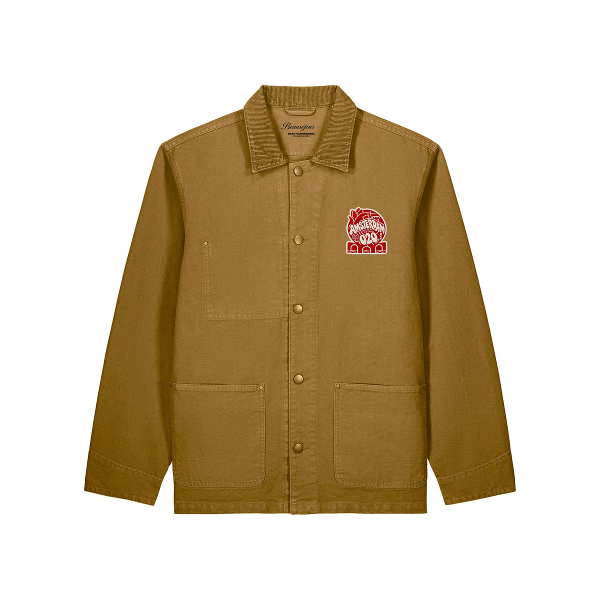 Veste en denim unisexe de couleur marron. Patch Amsterdam brodé sur la poitrine. Coton biologique. Veste robuste de très haute qualité.