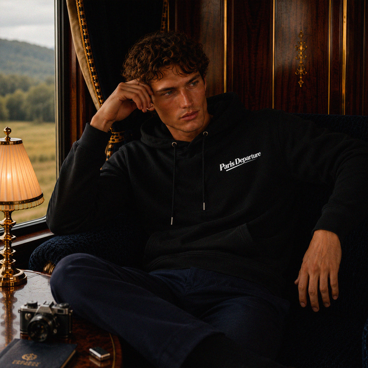 Hoodie Paris Departure Beauséjour Orient Express, coloris noir profond, 100% coton biologique molleton brossé, imprimé Paris Departure côté cœur et marquage dos inspiré des compagnies de voyage anciennes, vue de dos.