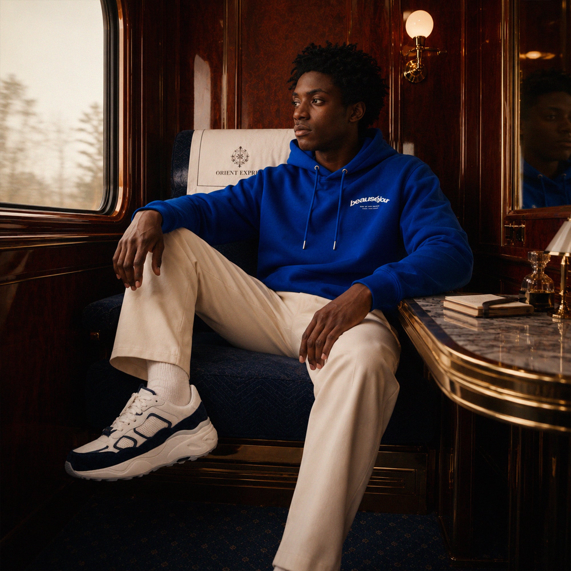 Hoodie Room 27 Venice Beauséjour Orient Express, coloris bleu royal, logo poitrine minimaliste et grand imprimé dos "Beauséjour — Meet Me After Midnight — Room 27 Venice Stopover", capuche ajustable et poche kangourou, look complet.