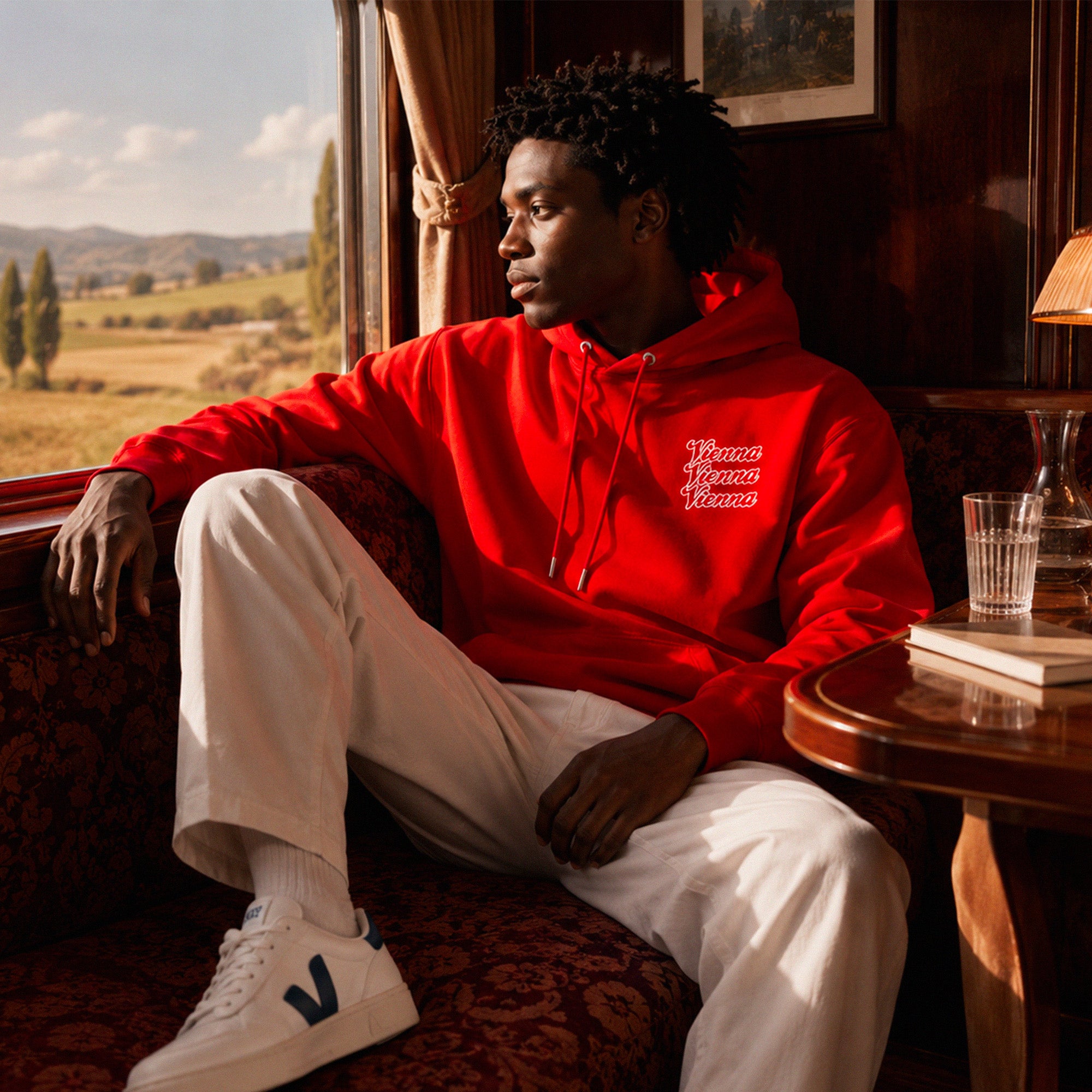 Hoodie Vienna Beauséjour Orient Express, coloris rouge intense, molleton premium doux, impression cœur signature "Vienna Vienna Vienna", capuche à cordons et poche kangourou, vue de dos.