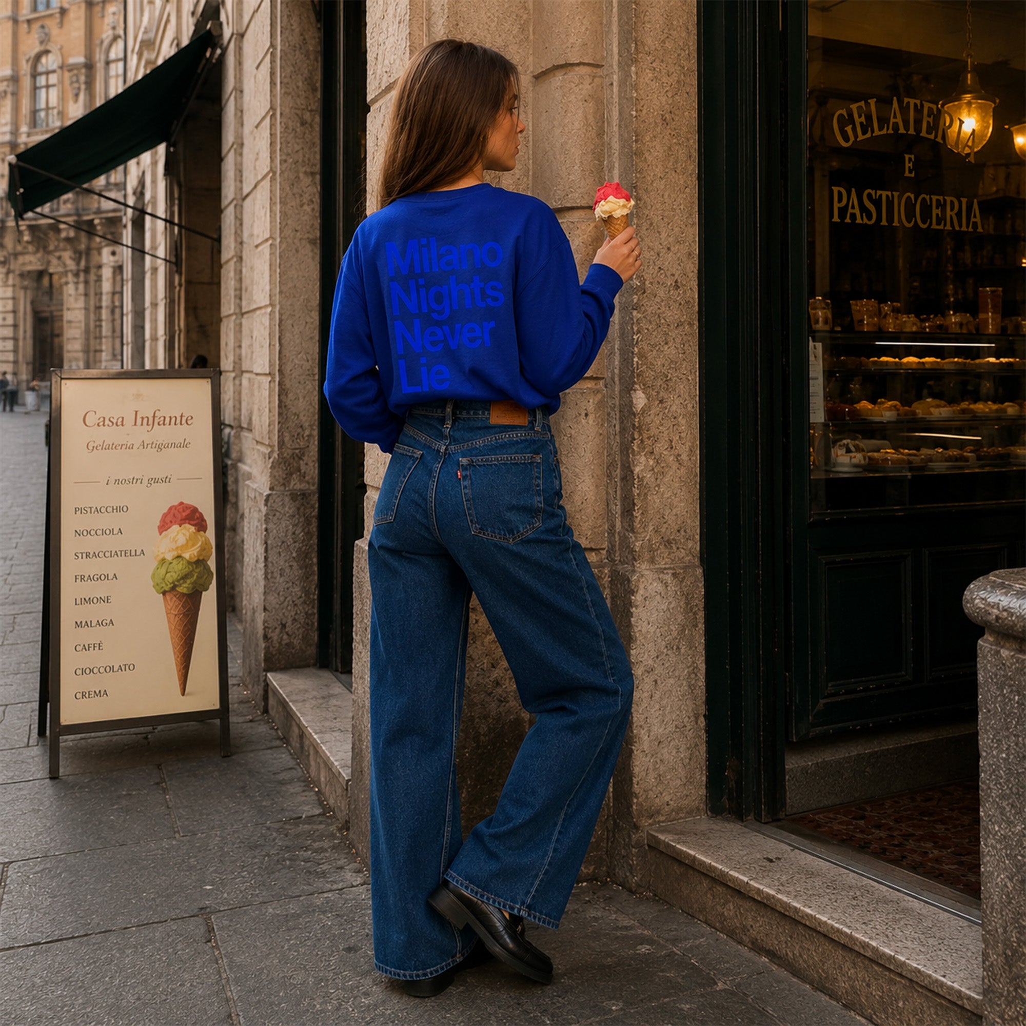 Sweat bleu royal Milano Nights Never Lie avec imprime au dos