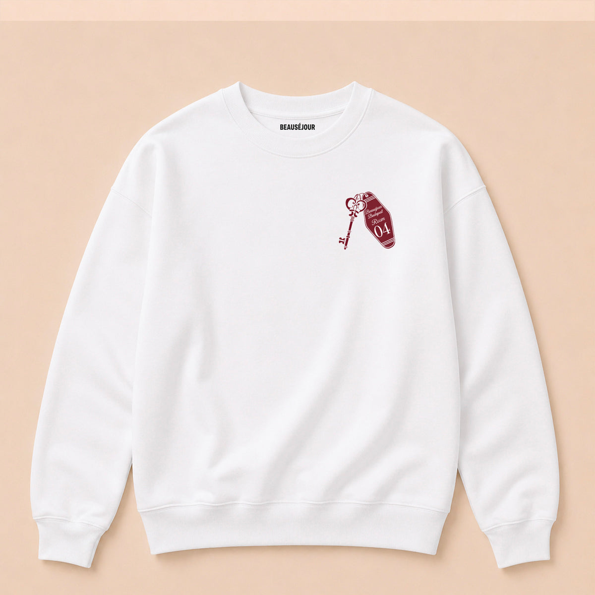 Sweatshirt Budapest Room 04 Beauséjour Orient Express, coloris blanc, molleton brossé épais 350 g/m², illustration exclusive clé d'hôtel vintage Budapest Room 04, vue de dos.