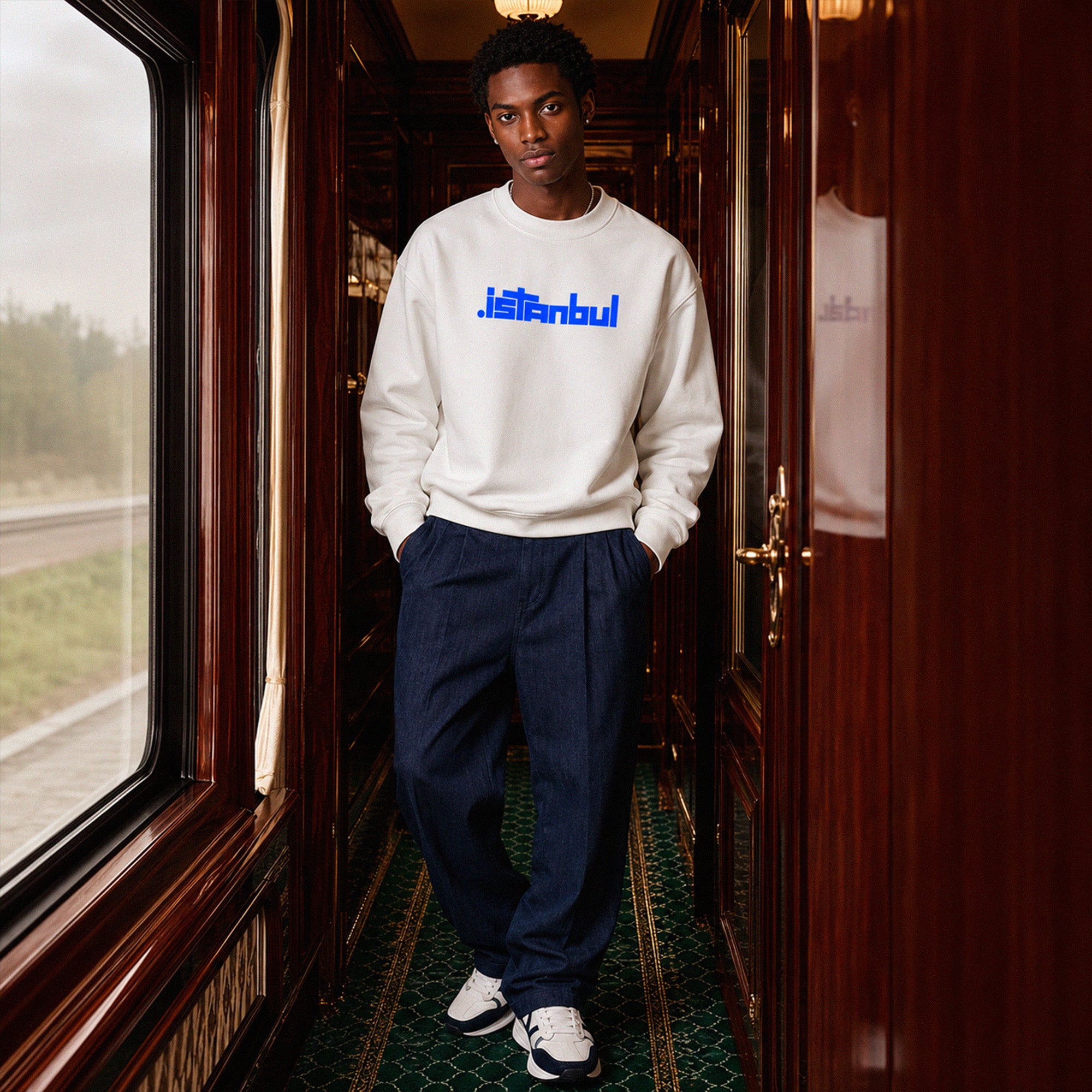 Sweatshirt Istanbul Beauséjour Orient Express, coloris blanc, molleton brossé premium 350 g/m², logo Istanbul bleu côté cœur et typographie signature au dos, vue de face.