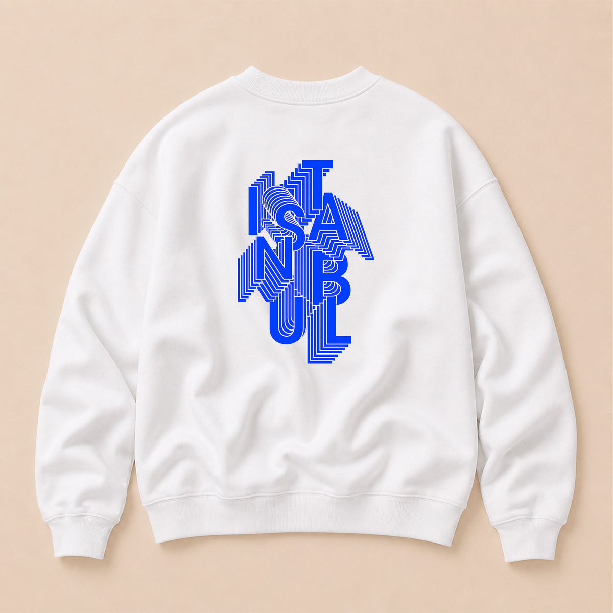 Sweatshirt Istanbul Beauséjour Orient Express, coloris blanc, molleton brossé premium 350 g/m², logo Istanbul bleu côté cœur et typographie signature au dos, packshot vue de dos.
