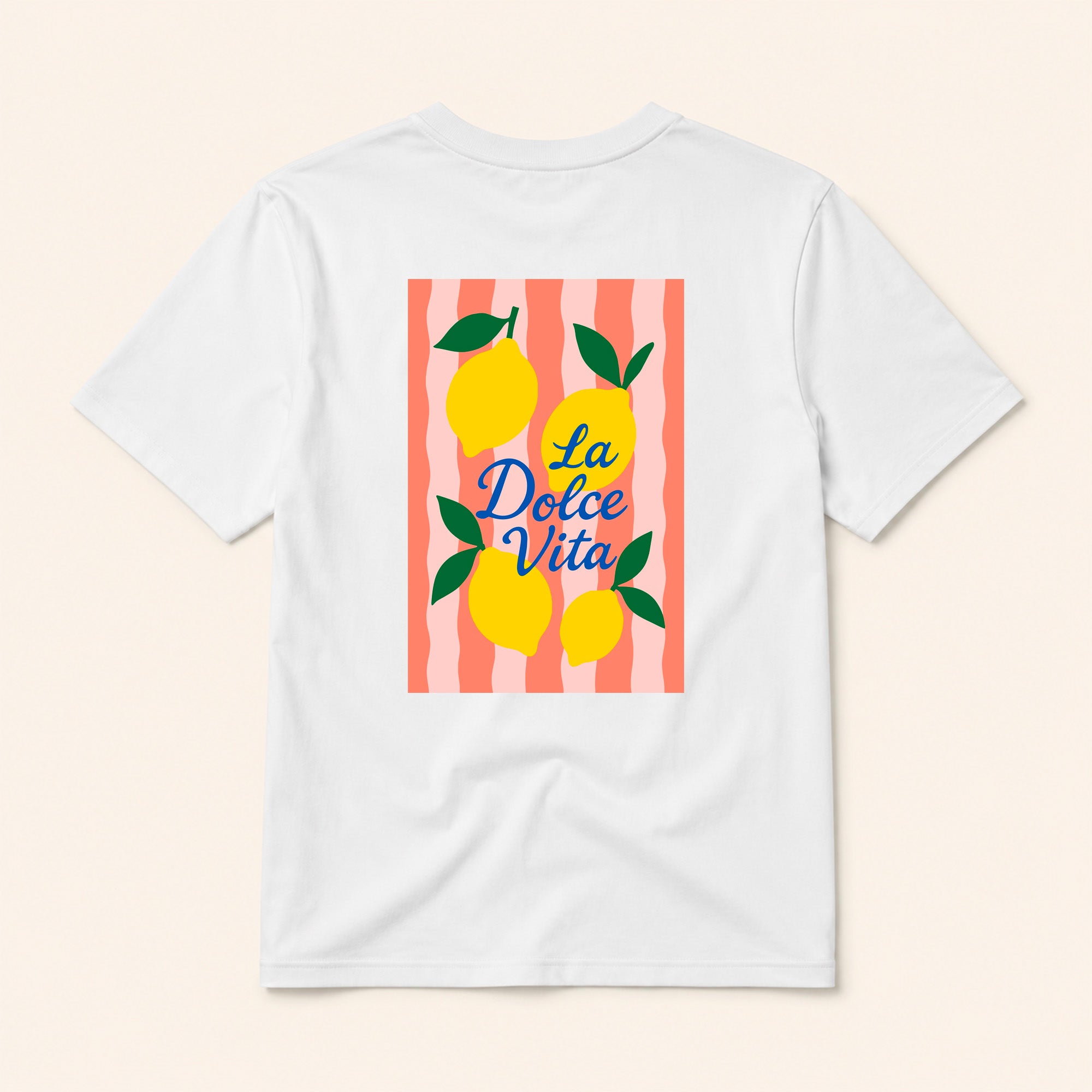 Packshot du t-shirt blanc Dolce Vita citron Beauséjour vu de dos, coton biologique 180g, bande de propreté intérieure au col.
