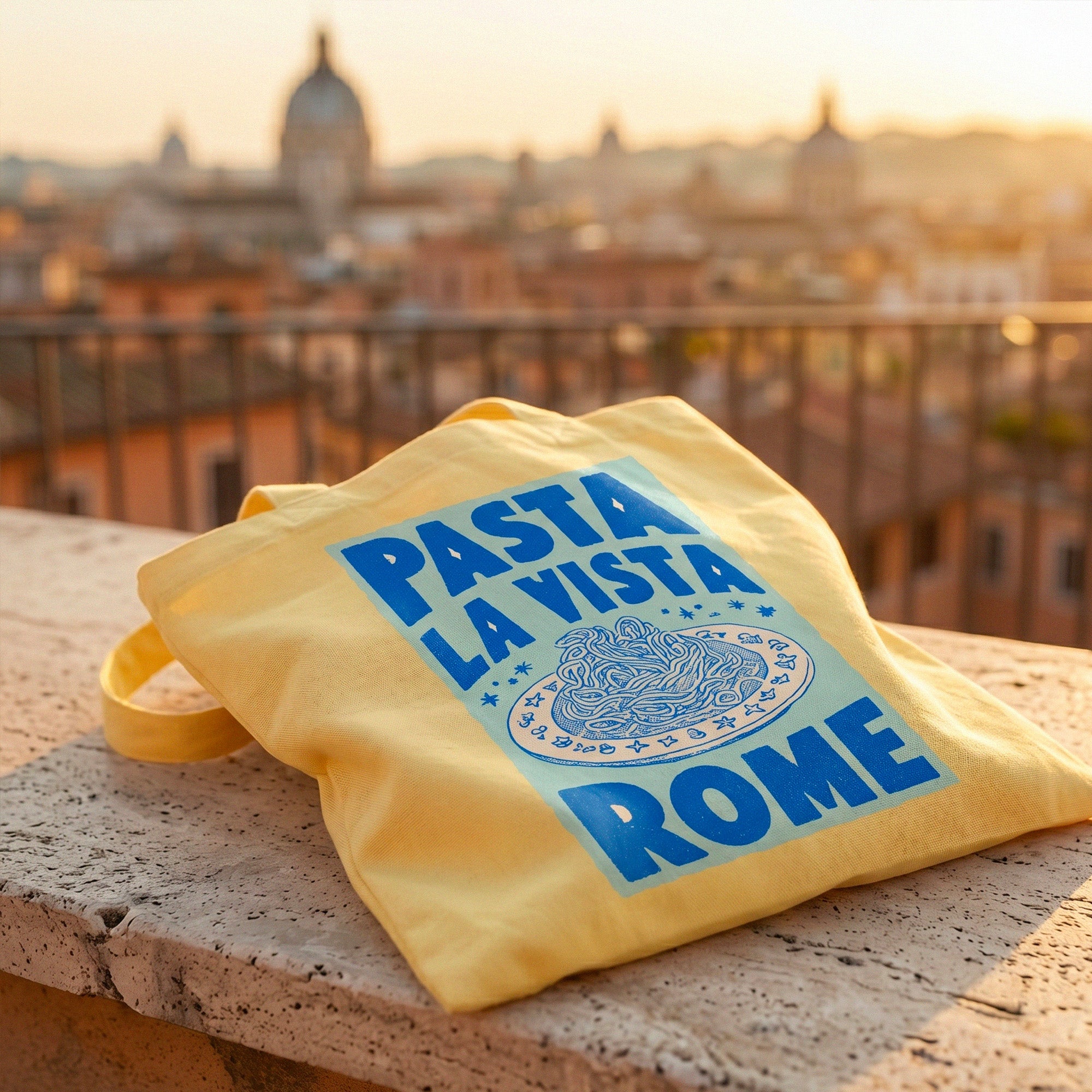 tote bag coton biologique jaune design pasta la vista rome