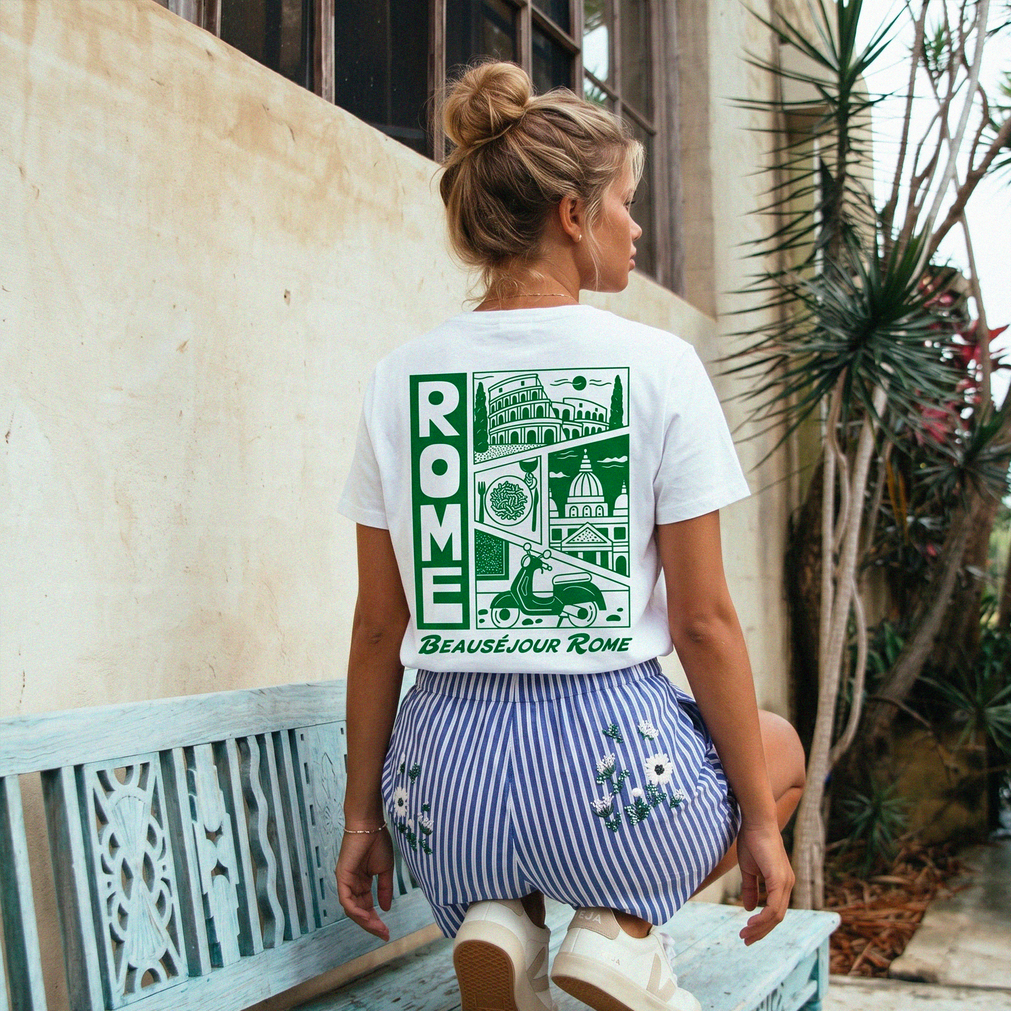 tshirt beausejour rome blanc imprime vert vue dos femme look ete