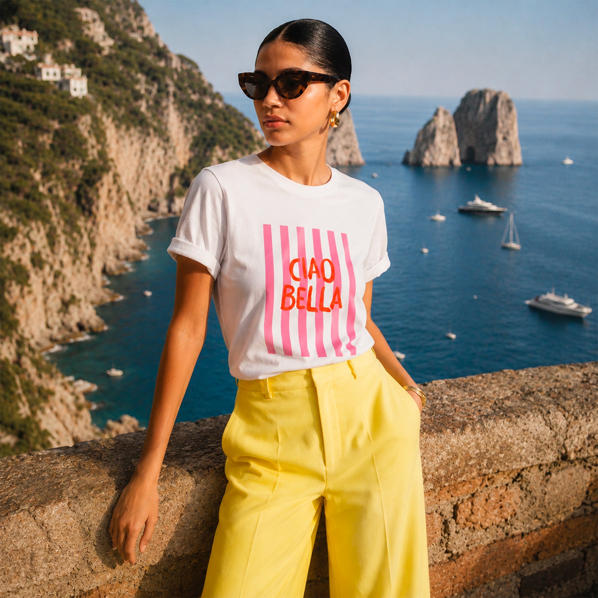 T-shirt blanc Ciao Bella Beauséjour en coton biologique 180g, imprimé Ciao Bella, collection Dolce Vita inspirée de la côte amalfitaine.