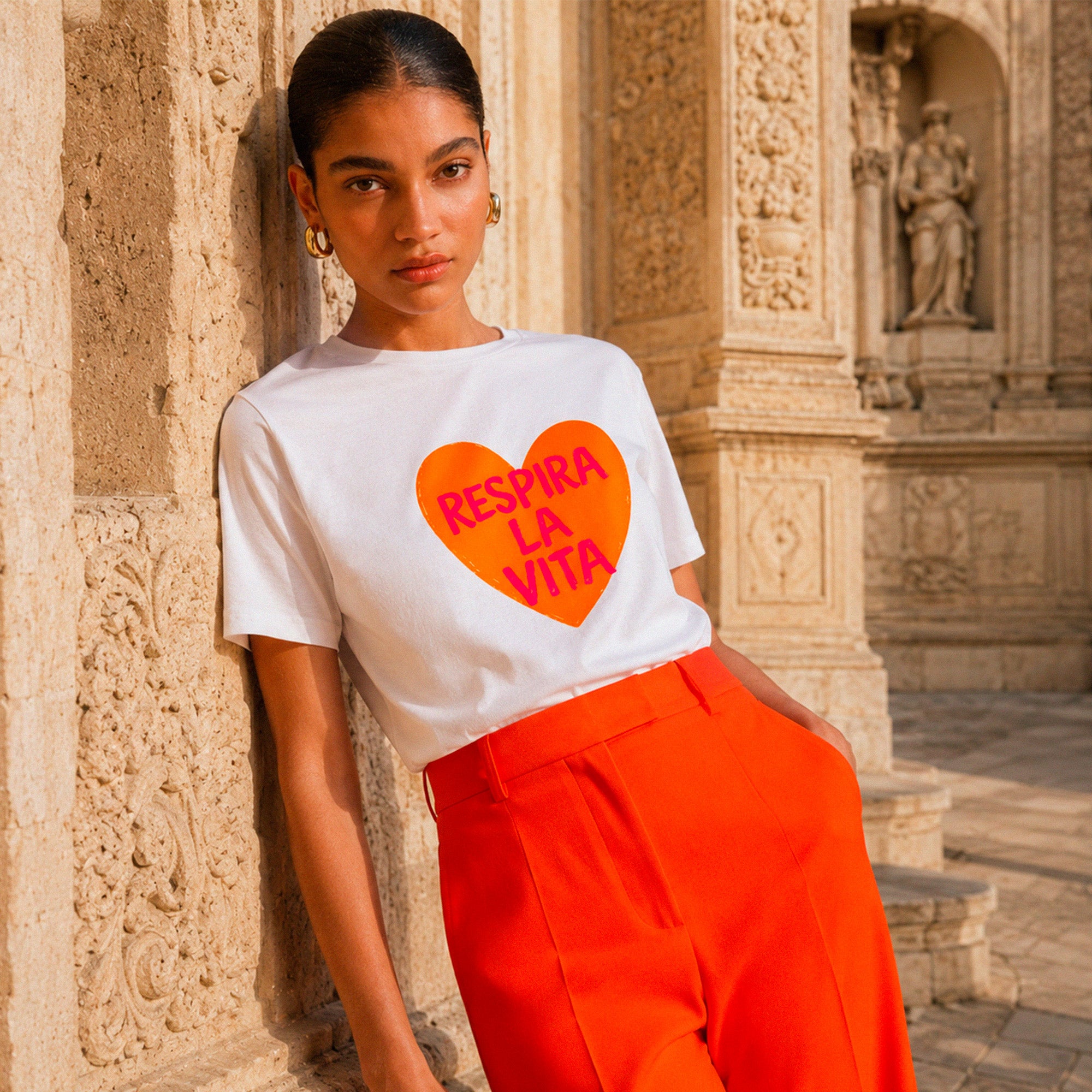 Tshirt blanc femme avec coeur orange Respira La Vita