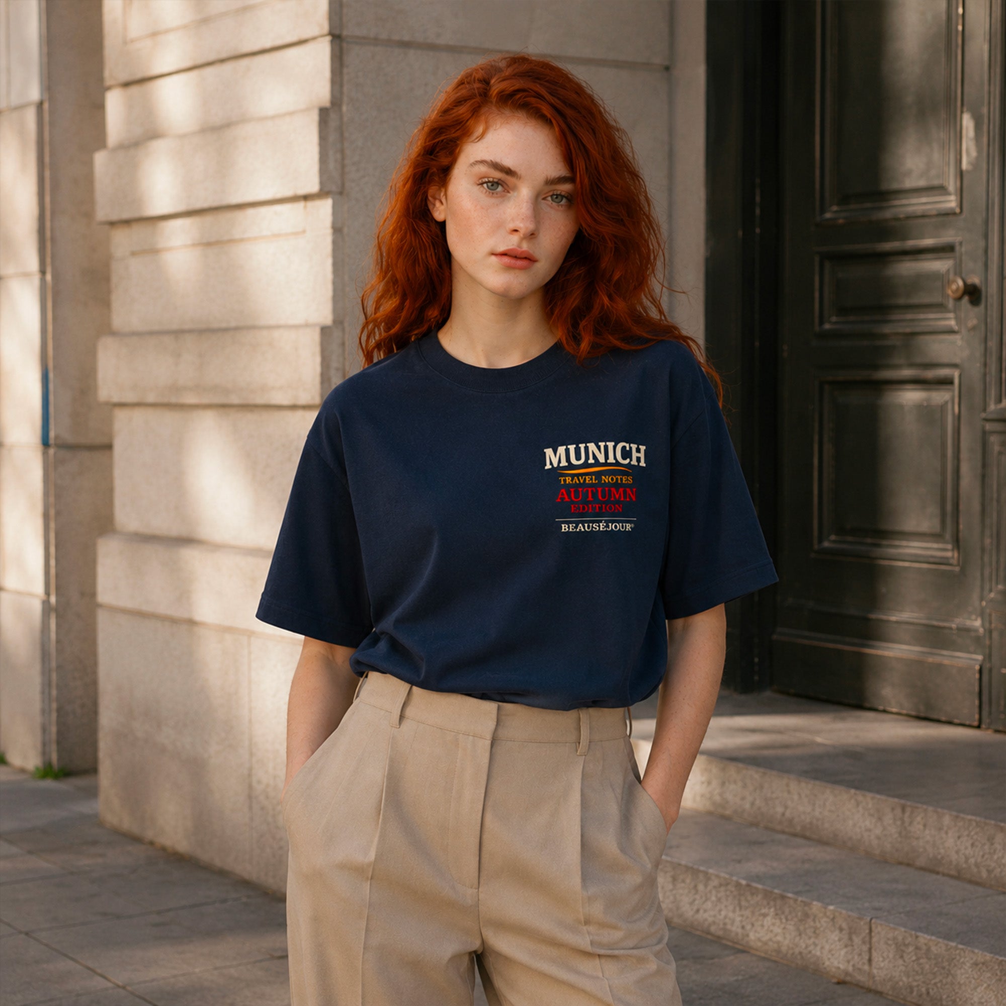 T-Shirt Boxy Travel Notes Munich Beauséjour® coloris bleu marine femme, détail de l'impression Travel Notes dans le dos.