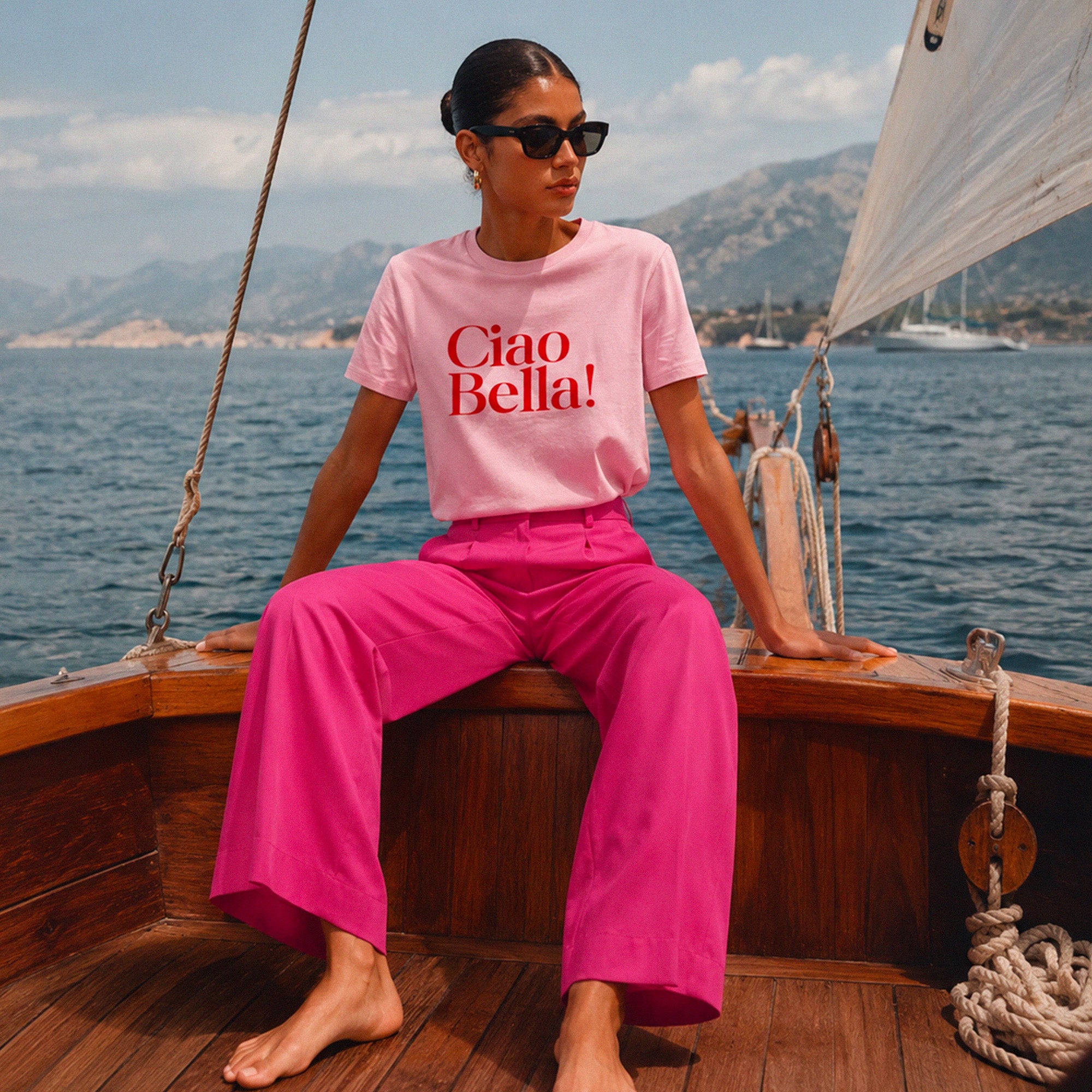 Tshirt rose femme avec inscription Ciao Bella rouge