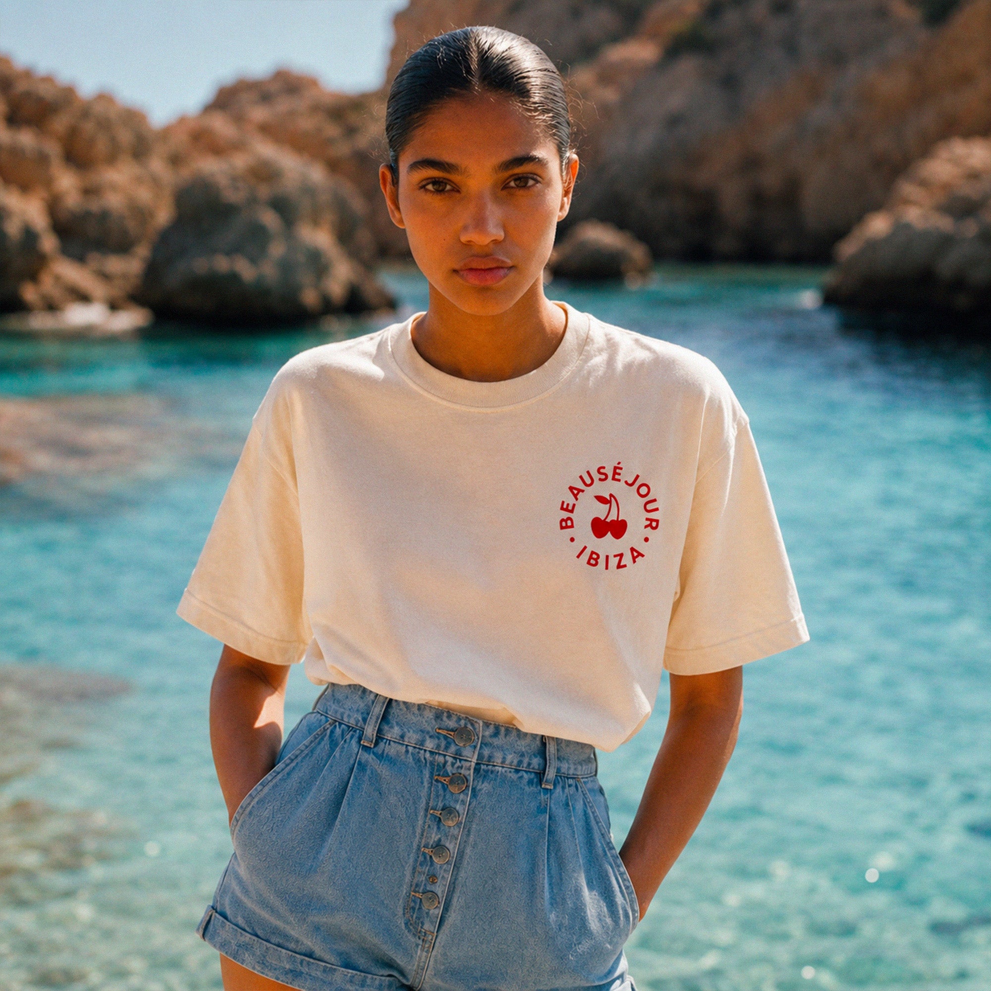 Femme portant un tshirt creme Beausejour Ibiza cercle rouge au bord de la mer