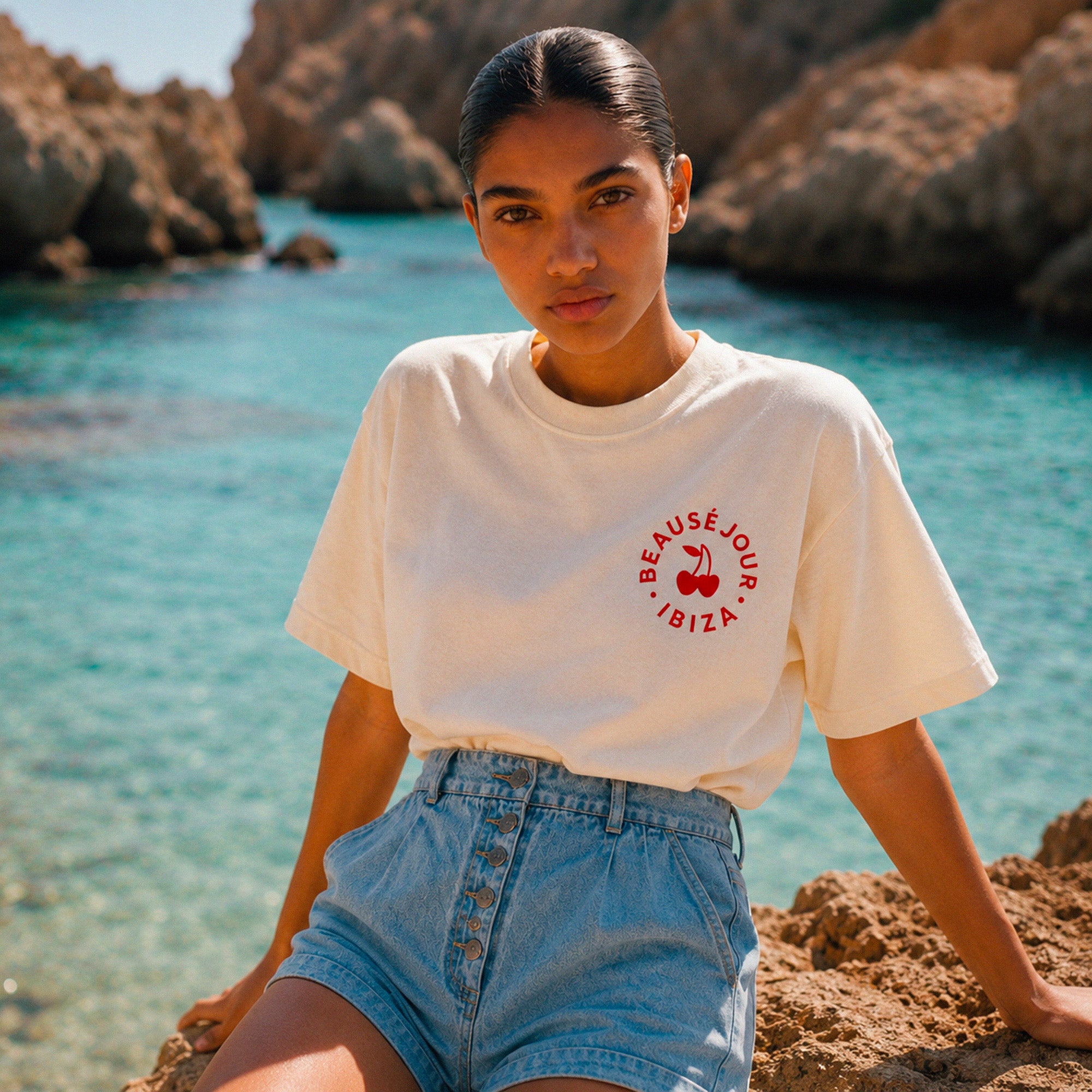 Tshirt creme oversize Ibiza cercle Beausejour en coton biologique style mediterraneen