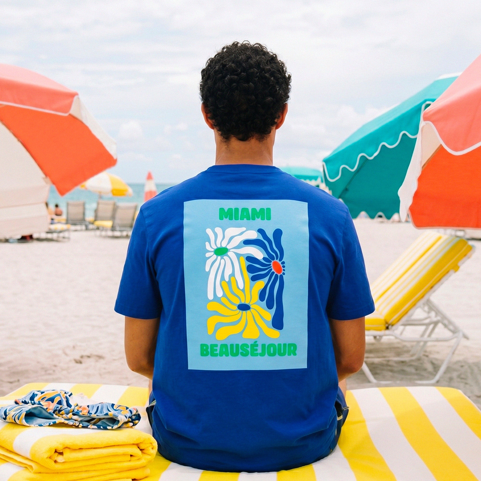 tshirt bleu miami beausejour illustration fleurs colorees dos