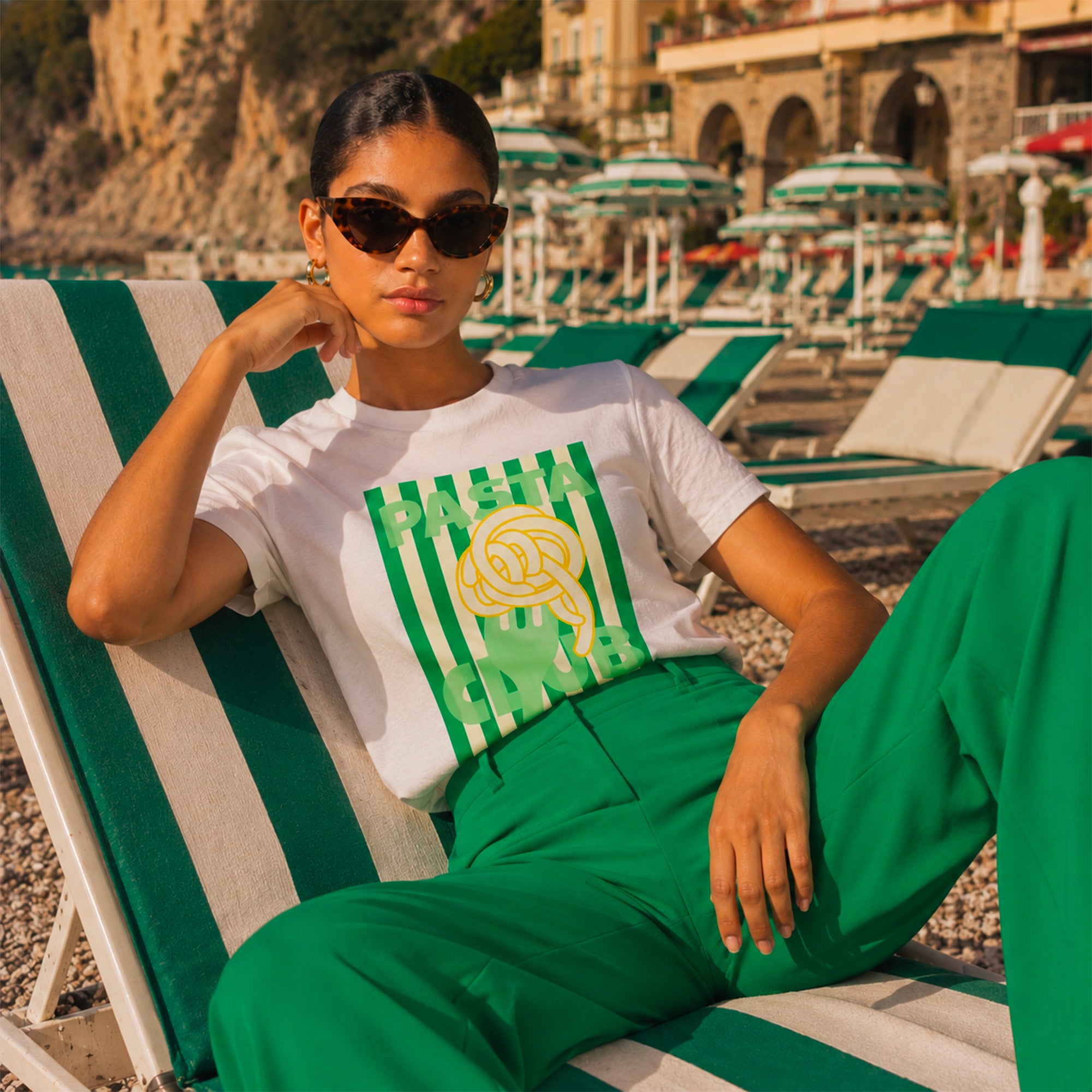 Tshirt Pasta Club femme inspire de la Riviera italienne avec rayures vertes
