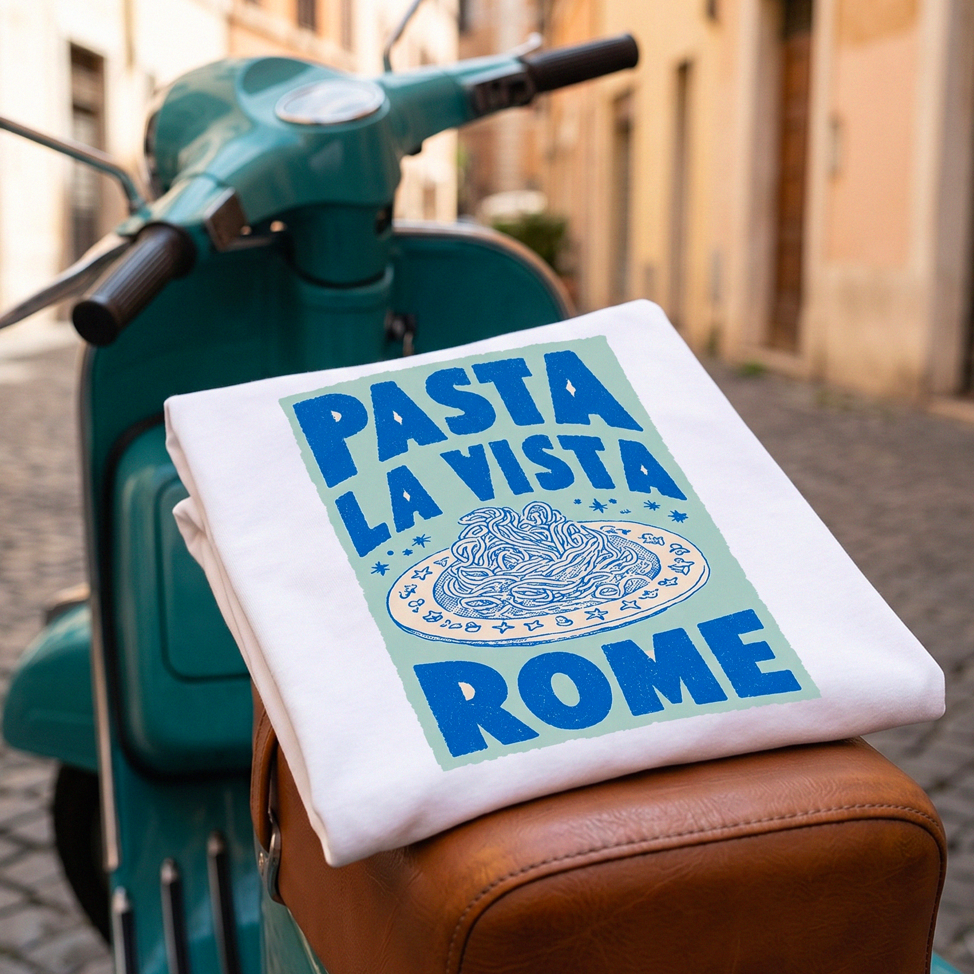 tshirt rome femme coton bio pasta la vista look ete vespa rouge