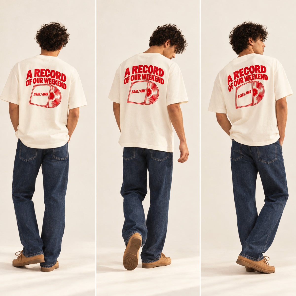 T-shirt boxy Record Beauséjour crème porté par un homme.