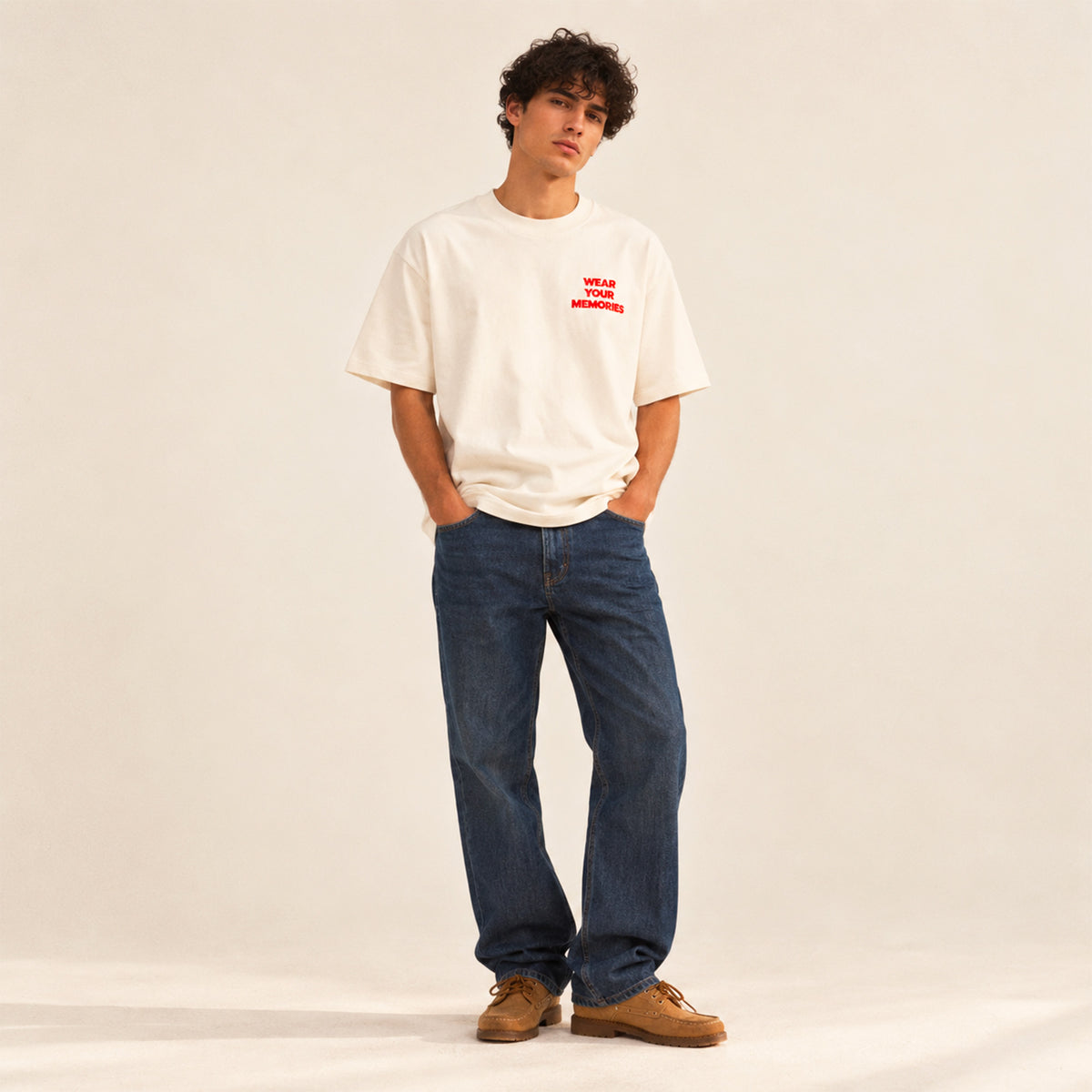 T-shirt boxy Record Beauséjour crème porté par un homme, vue 2.